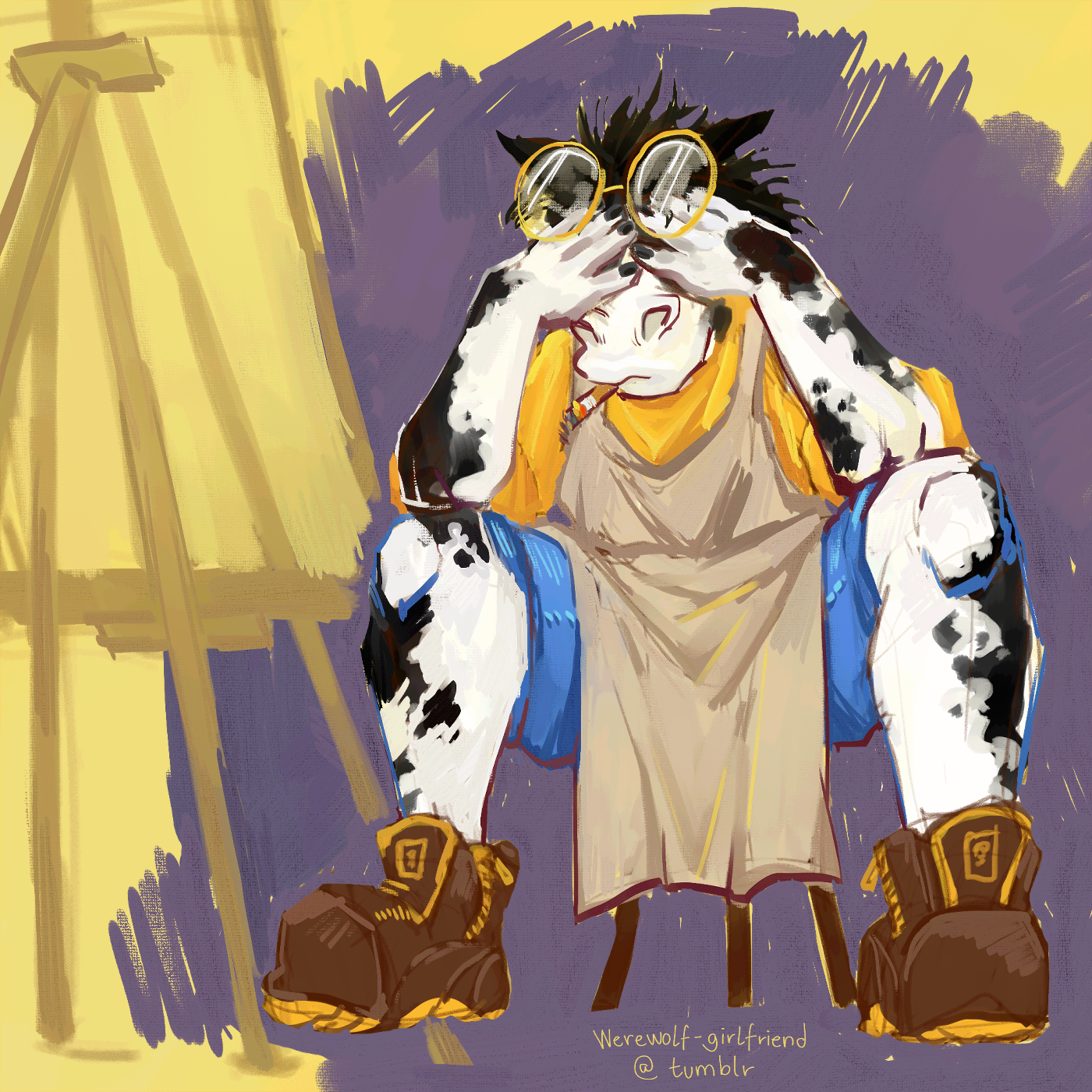 Digital painting of an anthropomorphic horse with a black and white coat, wearing an artist's apron over blue jeans and a yellow sweater. She is sat on a small stool in front of an easel, and her round glasses are pushed up by her hands exasperatedly covering her eyes.